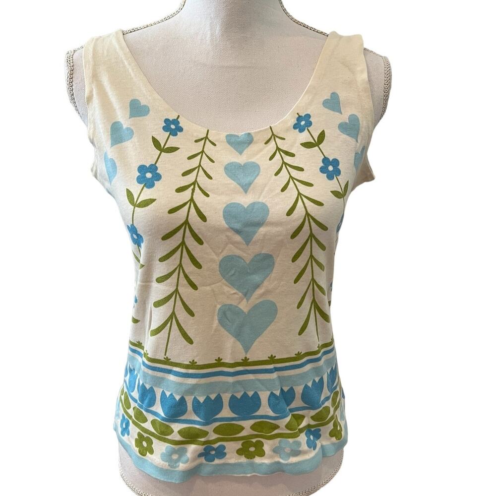 Vintage 80s Tank Top 80s Heart & Flower Print Off White Avocado Green